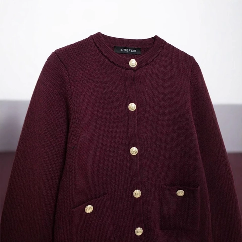 Women Vintage Knit Cardigan Elegant Gold Button Round Neck Sweater Coat Long Sleeve Solid Color Blended Outwear