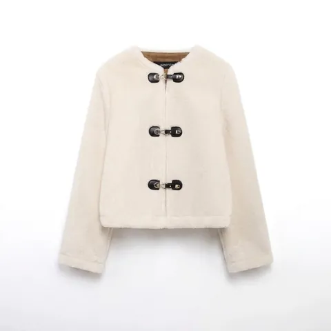 Damen Elegant Kunstfell Jacke Off-White Rundhals Kurzmantel Lederschnalle Warm Langarm Streetwear Mode Oberbekleidung