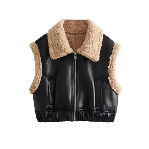 Damen Kunstleder Biker Weste Faux Shearling Besatz Ärmellose Jacke Reißverschluss Casual Winter Warme Weste Oberbekleidung