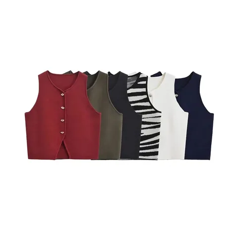 Women Casual Knit Vest Round Neck Sleeveless Waistcoat Solid Zebra Pattern Metal Button Short Top Autumn Winter Clothing