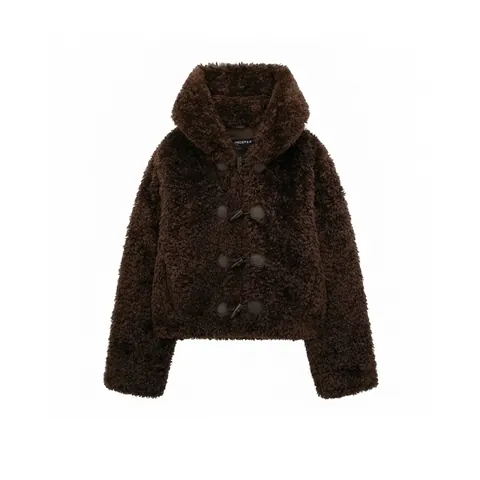 Chaqueta de Piel Sintética Teddy Fleece para Mujer Invierno Cálido Con Capucha Botones de Trenca Abrigo Corto Color Sólido