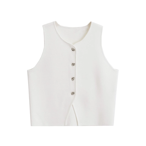 Women Casual Knit Vest Round Neck Sleeveless Waistcoat Solid Zebra Pattern Metal Button Short Top Autumn Winter Clothing
