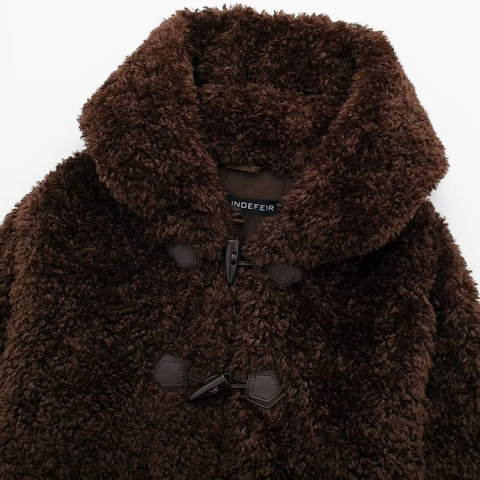 Chaqueta de Piel Sintética Teddy Fleece para Mujer Invierno Cálido Con Capucha Botones de Trenca Abrigo Corto Color Sólido
