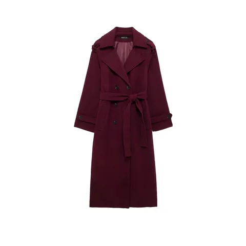 Abrigo de Lana para Mujer Elegante Rojo Vino Doble Botonadura Solapa Con Cinturón Sobretodo Medio Largo Otoño Invierno Cálido
