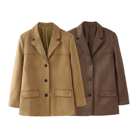 Americana de Gamuza Sintética para Mujer Botonadura Sencilla Cuello de Solapa Bolsillos Color Sólido Poliéster Streetwear Abrigo Otoño