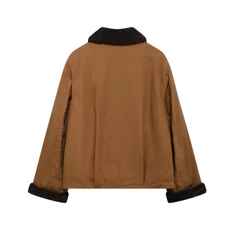 Vintage Brown Contrast Lapel Long Sleeve Jacket For Women Casual Loose Fit Workwear Outerwear Autumn Winter Fashion Coat
