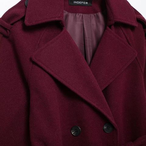 Abrigo de Lana para Mujer Elegante Rojo Vino Doble Botonadura Solapa Con Cinturón Sobretodo Medio Largo Otoño Invierno Cálido