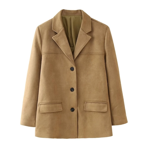 Americana de Gamuza Sintética para Mujer Botonadura Sencilla Cuello de Solapa Bolsillos Color Sólido Poliéster Streetwear Abrigo Otoño