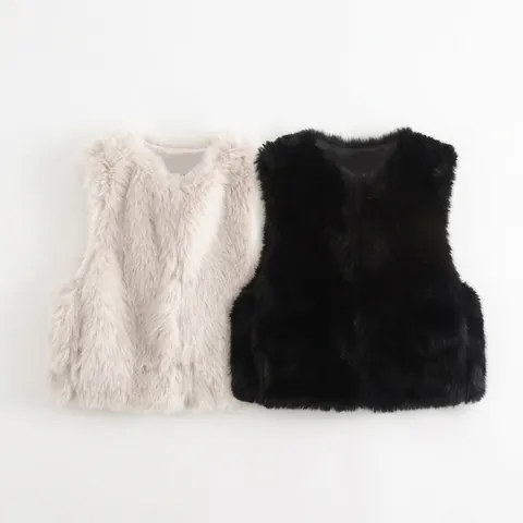 Women's Faux Fur Vest Sleeveless Round Neck Short Plush Waistcoat Fall Winter Solid Color Elegant Casual Outerwear Top