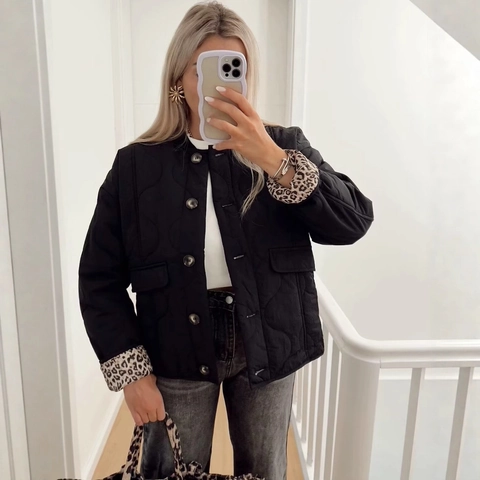 Women Casual Quilted Jacket Round Neck Leopard Lining Single Breasted Lightweight Padded Coat Outwear For Winter Fall