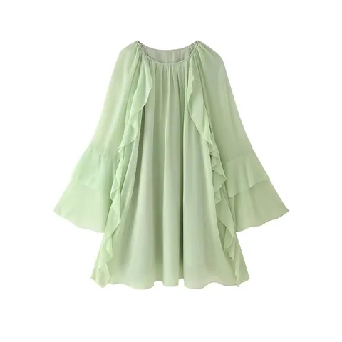 Elegant Layered Ruffle Mini Dress Casual Solid Color Round Neck Long Sleeve A-Line Polyester Dress For Autumn Winter