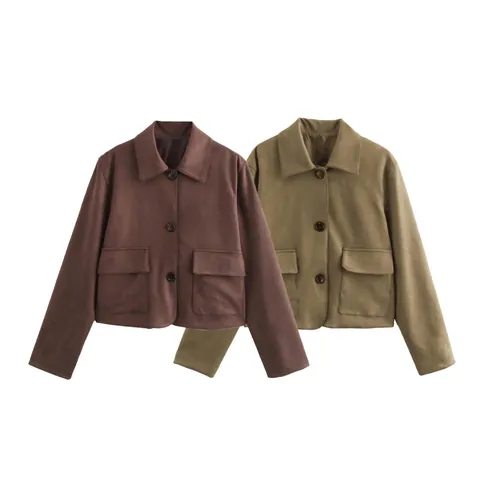 Damen Wildlederimitat Kurzjacke Vintage Revers Einreihig Knopf Mantel Große Taschen Einfarbig Streetwear Außenbekleidung