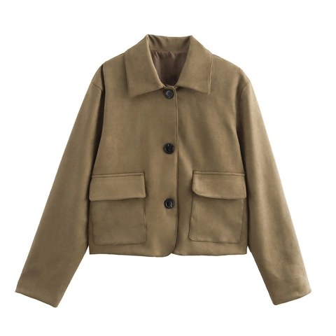 Damen Wildlederimitat Kurzjacke Vintage Revers Einreihig Knopf Mantel Große Taschen Einfarbig Streetwear Außenbekleidung