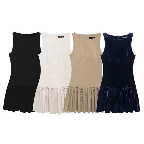 Robe Mini sans Manches pour Femme Élégante Col Rond Ourlet Plissé Détail Nœud Velours Robe Courte pour Fête