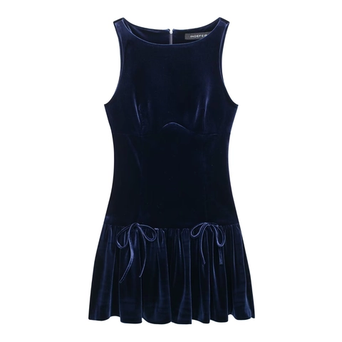 Robe Mini sans Manches pour Femme Élégante Col Rond Ourlet Plissé Détail Nœud Velours Robe Courte pour Fête