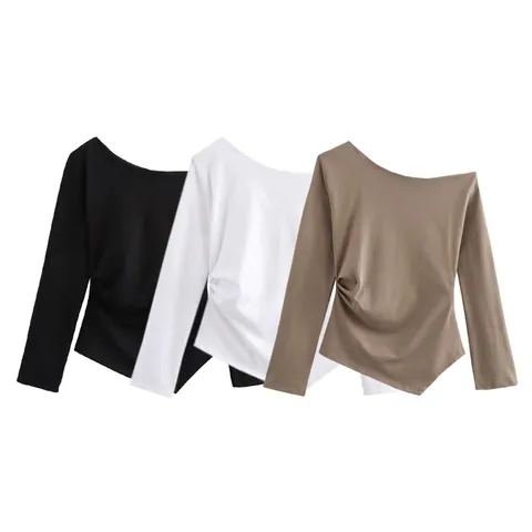 Women Asymmetric One Shoulder Ruched Long Sleeve Top Solid Color Irregular Hem Streetwear Fashion T-Shirt Basic Elegant Slim Blouse