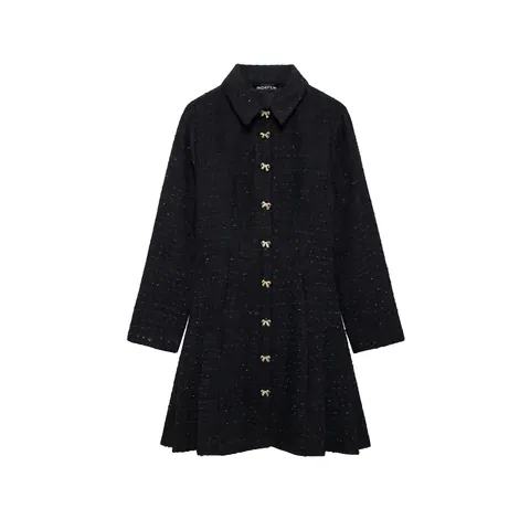 Elegante Vestido Mini de Tweed Negro Manga Larga Mujer Botones Lazo Dorado Solapa Dobladillo Plisado Línea A Otoño Invierno
