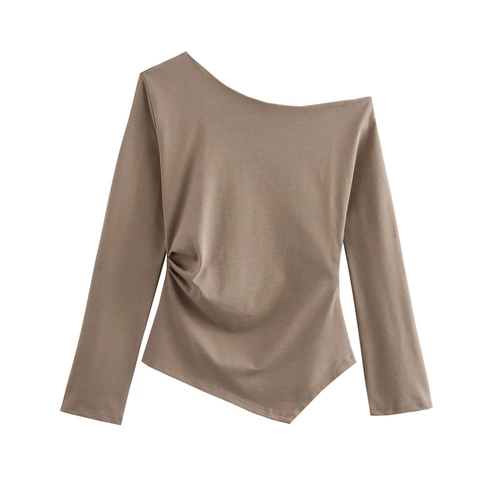 Women Asymmetric One Shoulder Ruched Long Sleeve Top Solid Color Irregular Hem Streetwear Fashion T-Shirt Basic Elegant Slim Blouse