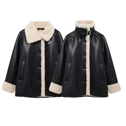 Chaqueta Moto de Mujer de Piel de Oveja Sintética Cuero Artificial Abrigo Cálido Grueso Con Ribete de Lana de Cordero Sintética