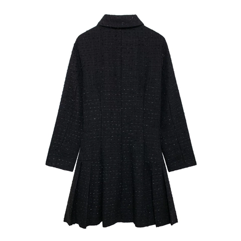 Elegante Vestido Mini de Tweed Negro Manga Larga Mujer Botones Lazo Dorado Solapa Dobladillo Plisado Línea A Otoño Invierno