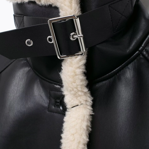 Chaqueta Moto de Mujer de Piel de Oveja Sintética Cuero Artificial Abrigo Cálido Grueso Con Ribete de Lana de Cordero Sintética