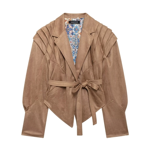 Women's Casual Faux Suede Jacket Vintage Long Sleeve Lapel Tie Waist Short Outerwear