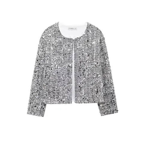 Damen Mode Silberne Pailletten Jacke Elegant Rundhals Langarm Kurze Oberbekleidung Für Party Event Casual Streetwear Mantel