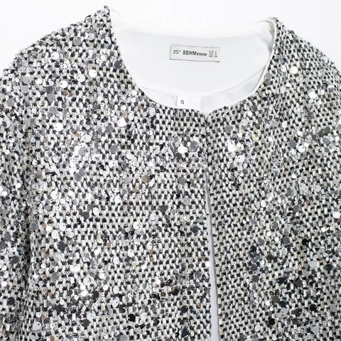 Damen Mode Silberne Pailletten Jacke Elegant Rundhals Langarm Kurze Oberbekleidung Für Party Event Casual Streetwear Mantel