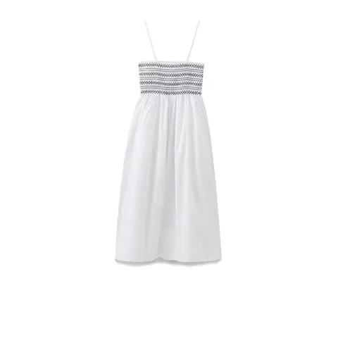Damen Casual Baumwolle Smocked Maxi Kleid Geometrische Stickerei Spaghetti Träger Sommer Urlaub Cami Langes Kleid