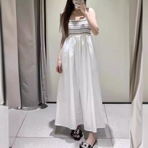 Damen Casual Baumwolle Smocked Maxi Kleid Geometrische Stickerei Spaghetti Träger Sommer Urlaub Cami Langes Kleid