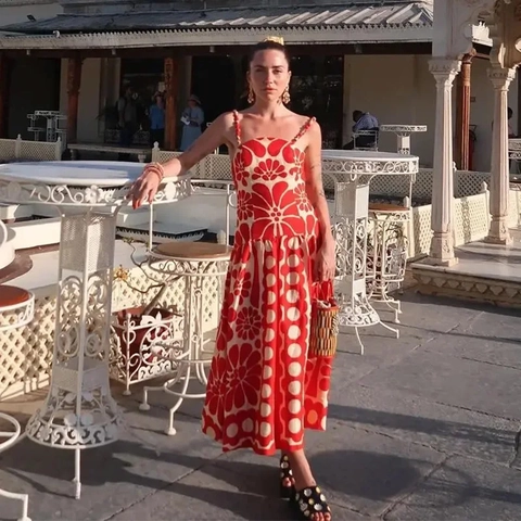 Women's Bohemian Floral Print Spaghetti Strap Maxi Dress Vintage Red Beige Sleeveless A-Line Backless Vacation Long Dress