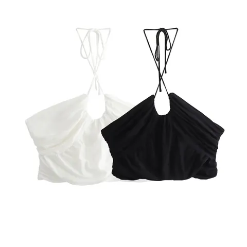 Women Sexy Ruched Halter Top Polyester Elastane Backless U-Neck Crop Top Summer Streetwear Solid Color Casual Slim Fit Shirt