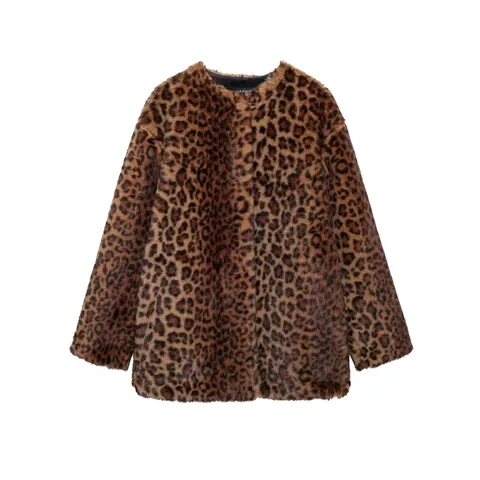 Women Leopard Print Faux Fur Coat Winter Warm Thick Long Sleeve Round Neck Fashion Commute Outerwear Elegant Jacket