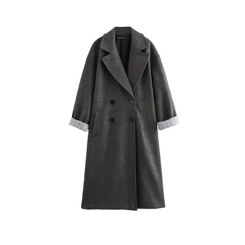 Abrigo Largo de Lana con Doble Botonadura Casual para Mujer Elegante Color Sólido Solapa de Traje con Forro de Rayas