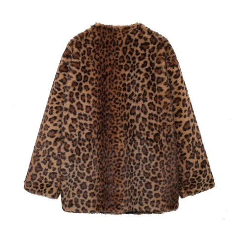 Cappotto Donna in Pelliccia Sintetica Leopardata Invernale Caldo Spesso Manica Lunga Girocollo Moda Elegante Giacca