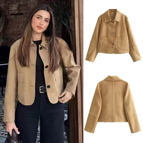 Women Casual Faux Suede Jacket Solid Color Lapel Collar Button Down Short Coat With Pockets Streetwear Fashion Autumn Outwear