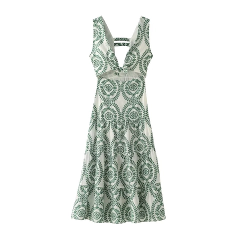 Robe Midi à Broderie en Poliestere Rétro pour Femmes Col Carré Ajouré Nœud Floral à Étages Ligne A Robe de Plage d'Été