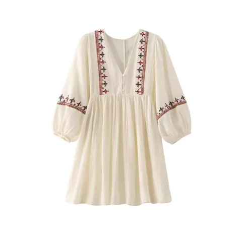 Damen Vintage Böhmisch Bestickt V-Ausschnitt Minikleid Laternenärmel Casual Weiß Patchwork Kurz Sommer Urlaub Sonnenkleid