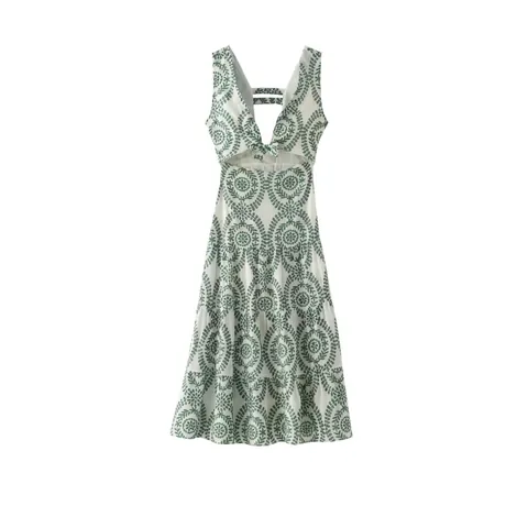Robe Midi à Broderie en Poliestere Rétro pour Femmes Col Carré Ajouré Nœud Floral à Étages Ligne A Robe de Plage d'Été