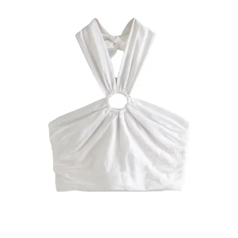 Damen Sexy Neckholder Crop Top Mit Metallring Detail Einfarbig Weiß Rückenfrei Bindeknoten Sommerurlaub Ärmellos Tank Top