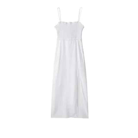 Robe Midi Décontractée Blanche pour Femmes à Bretelles Spaghetti Dos Nu Fente Latérale Robe d'Été Plage
