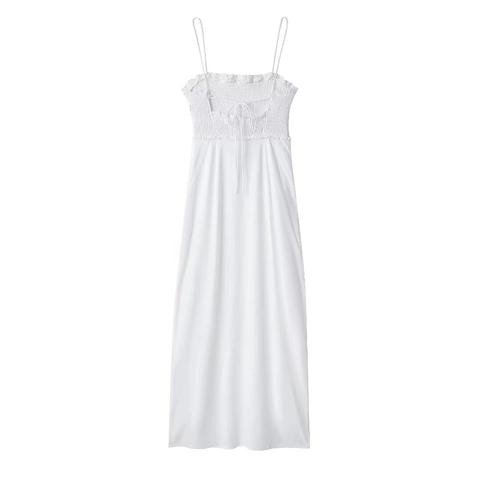Robe Midi Décontractée Blanche pour Femmes à Bretelles Spaghetti Dos Nu Fente Latérale Robe d'Été Plage