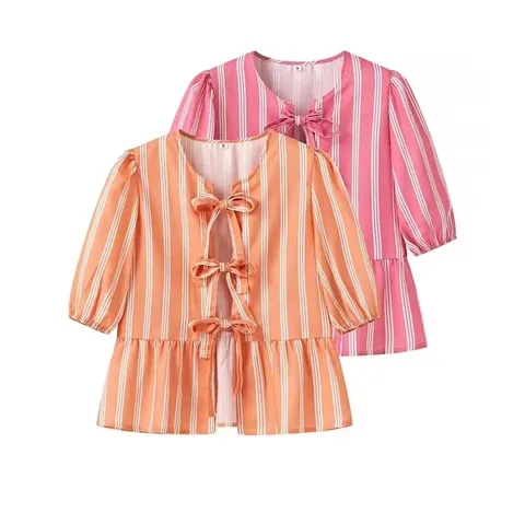 Damen Vertikal Gestreift Schleife Vorne Bluse Puffärmel Peplum Rüschensaum Sommer Casual Süß Kurzarm Shirt Top