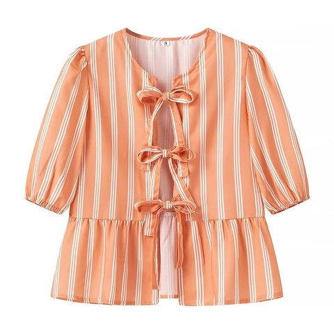 Damen Vertikal Gestreift Schleife Vorne Bluse Puffärmel Peplum Rüschensaum Sommer Casual Süß Kurzarm Shirt Top