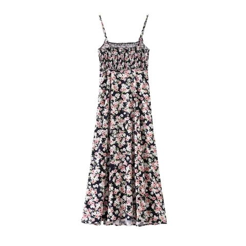 Damen Sommer Leinenmischung Blumenmuster Midikleid Gesmoktes Oberteil Spaghetti-Träger Seitenschlitz A-Linie Lässiges Urlaub Langes Sonnenkleid