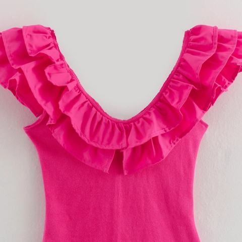Women's Deep V-Neck Ruffle Sleeveless Bodysuit Magenta Rib-Knit Slim Fit Jumpsuit For Summer Party Clubwear