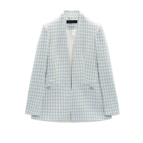 Women Elegant Blue White Houndstooth Tweed Blazer Collarless Slim Fit Long Sleeve Jacket With Decorative Artificial Pearl Buttons Office Coat