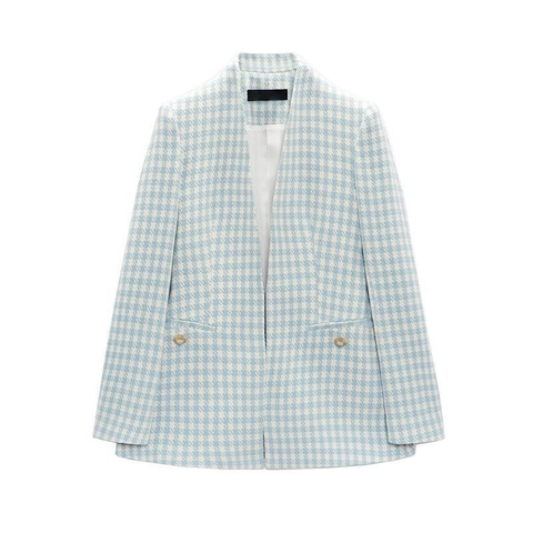 Women Elegant Blue White Houndstooth Tweed Blazer Collarless Slim Fit Long Sleeve Jacket With Decorative Artificial Pearl Buttons Office Coat