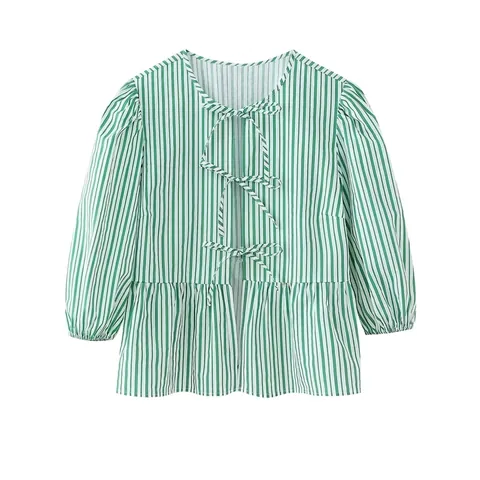 Haut à Basque à Rayures Verticales pour Femmes Col Rond Noeud à Lacets Manches Bouffantes Ourlet à Volants Blouse Décontractée Vert