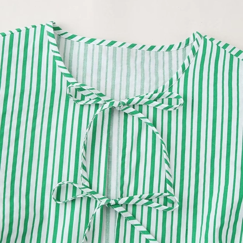 Haut à Basque à Rayures Verticales pour Femmes Col Rond Noeud à Lacets Manches Bouffantes Ourlet à Volants Blouse Décontractée Vert